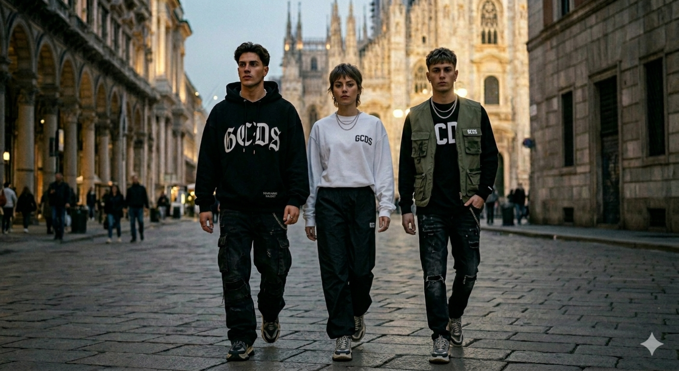 Un trio di modelli sfila per le strade storiche di Milano, vicino al Duomo, indossando l'ultima collezione streetwear GCDS con felpe logate e cargo pants